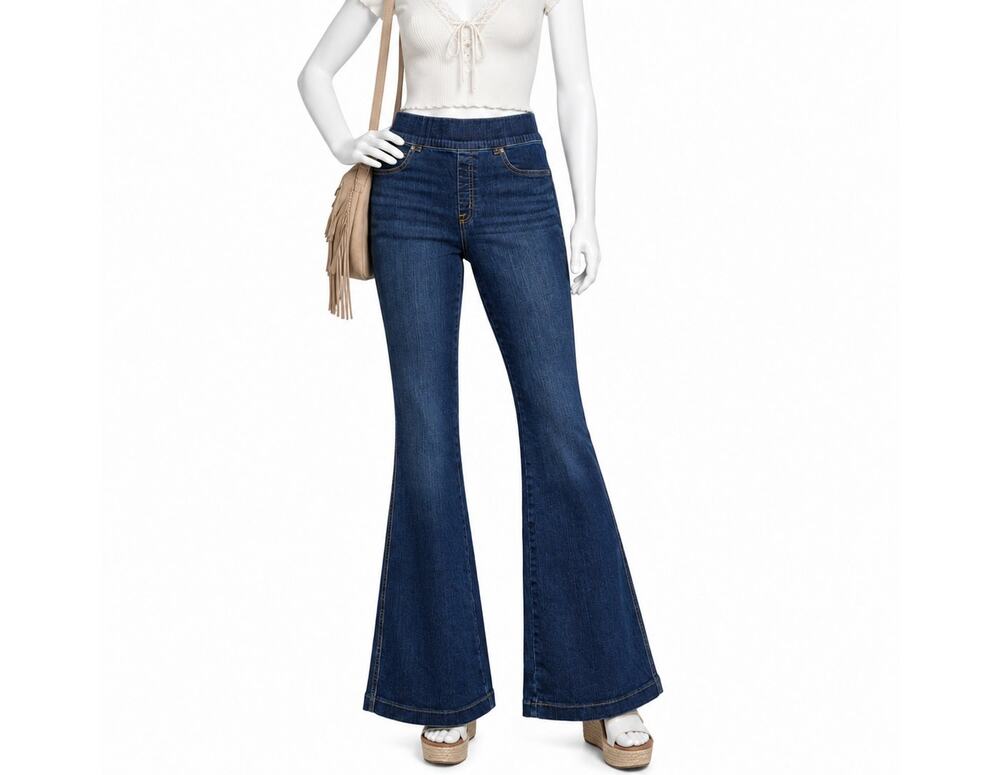 Spanx Flare Jeans Womens Large indigo Blue Pull On Stretch High Rise Denim Pant